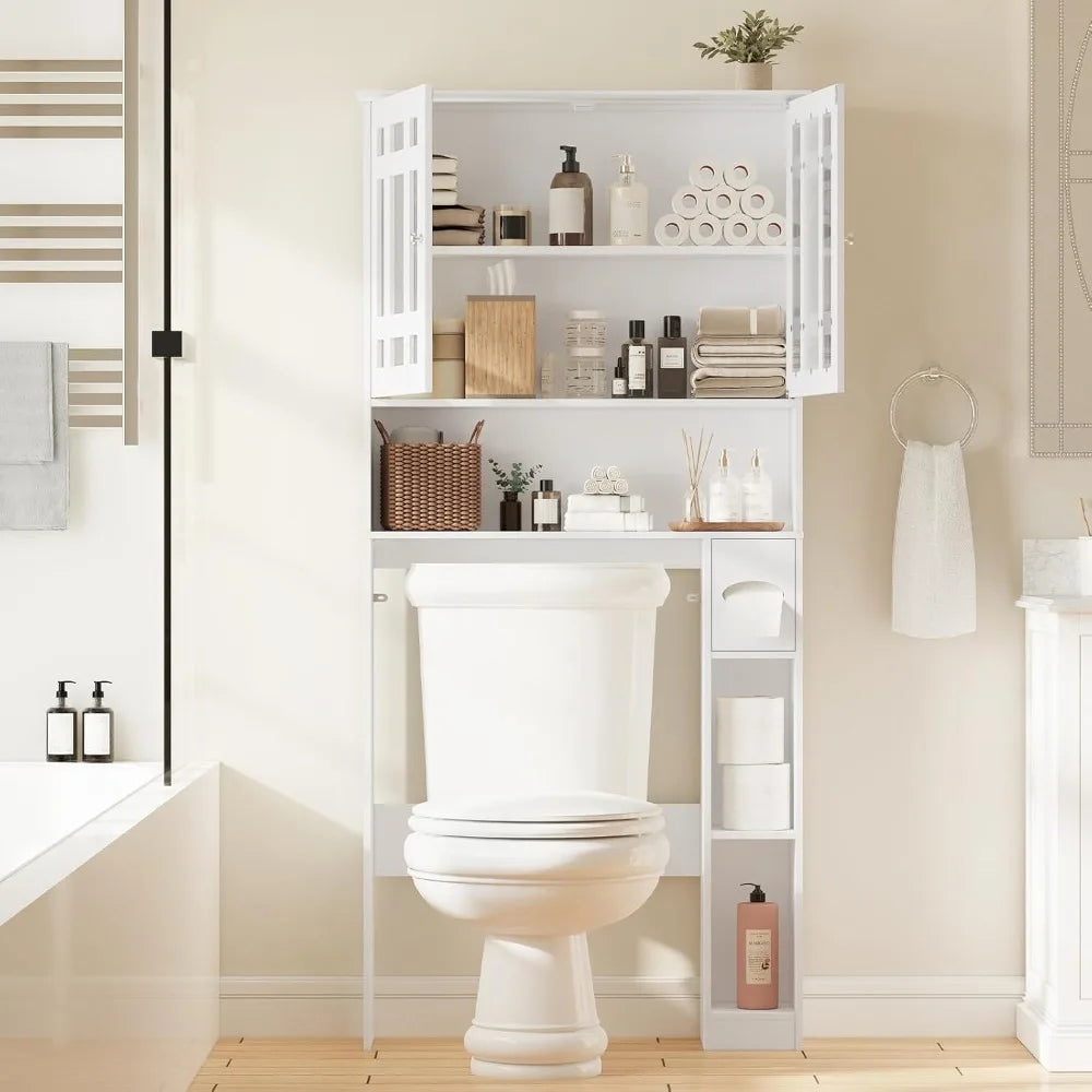 Freestanding Toilet-Top Storage Cabinet with 2 Glass Doors and Adjustable Shelves