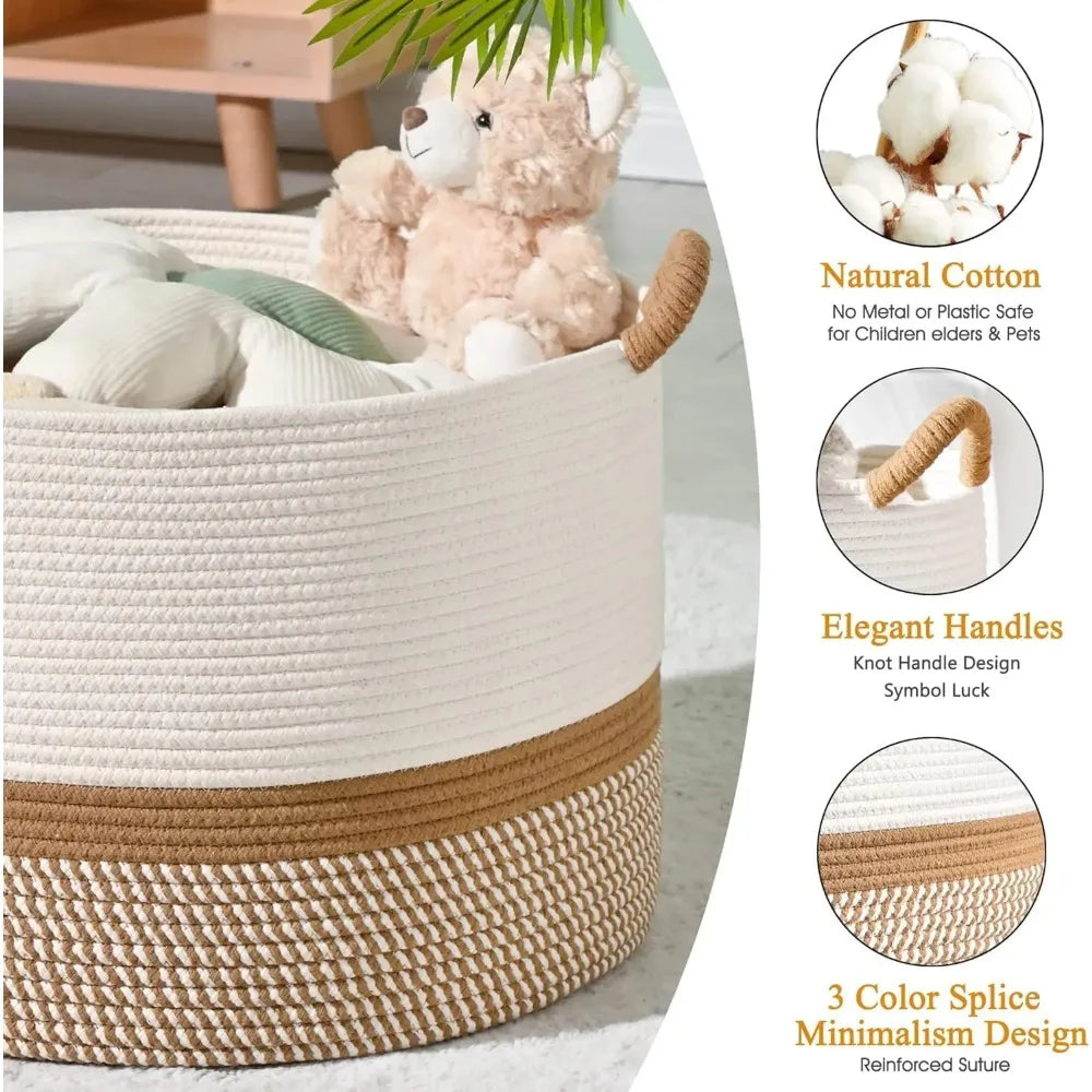 Large Blanket Basket,Woven Baskets for storage Baby Laundry Hamper, Cotton Rope Blanket Basket for Living Room, Laundry