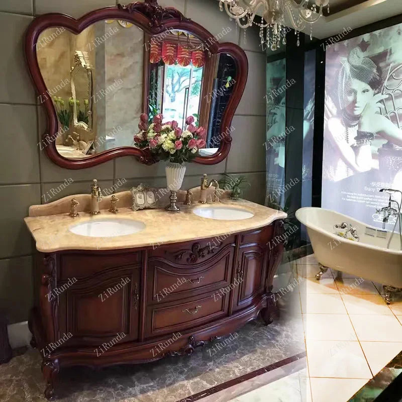~New Curved European Bathroom Cabinet Antique Washbasin Oak Combination Bathroom Double Basin Wash Basin Washstand