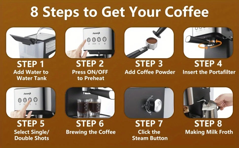 Aeomjk Semi-Automatic Espresso Machine, 20 Bar Pressure Extraction, for Making Cappuccino and Latte, with Steam Milk Frother, Espresso Machine with 1.5L Removable Water Tank