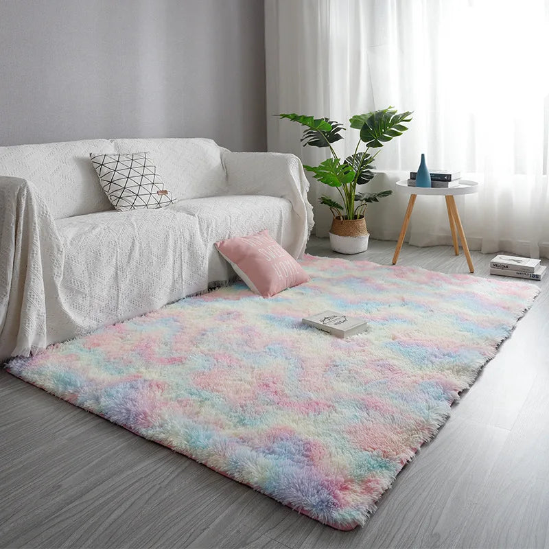 VIKAMA Simple Modern Silk Hair Tie-Dye Carpet Plush Soft Living Room Bedroom Bed Blanket Children's Room Non-Slip Floor Mat