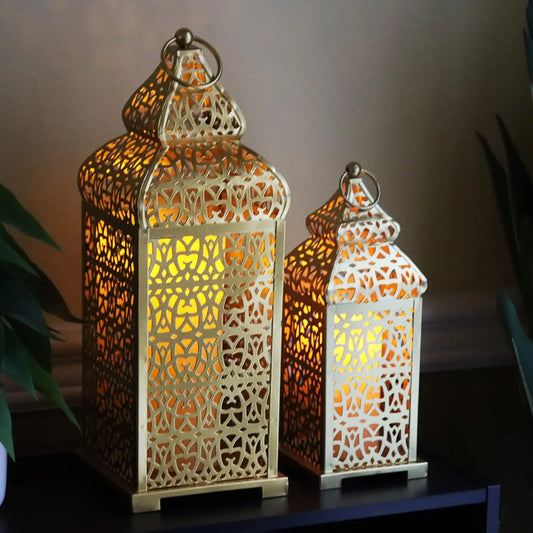 Golden Temple Moroccan Lantern Lamp Decorative Candle Holders for Ramadan Decorations, Hanging, Outdoor Patio or Porch, Indoor H