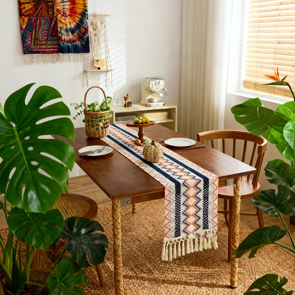 Bohemian Aztec Outdoor Table Runner with Tassels- Woven Patio Dining Decor for Coastal & Tropical Sp
