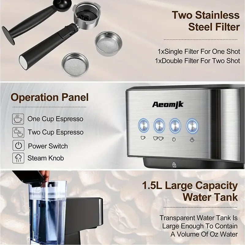 Aeomjk Semi-Automatic Espresso Machine, 20 Bar Pressure Extraction, for Making Cappuccino and Latte, with Steam Milk Frother, Espresso Machine with 1.5L Removable Water Tank