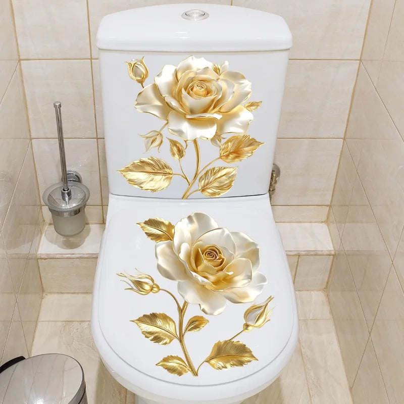 Beautiful Golden Flower Toilet Sticker Bathroom Toilet Cover Decorative Sticker Waterproof Self Adhesive
