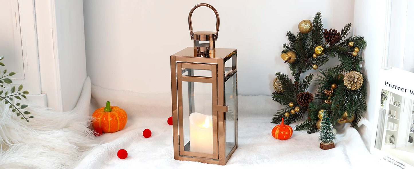 Stainless Steel Candle Holder Lanterns Rose Gold Hanging Lantern Candlestick Light for Indoor Outdoor Weddings Party Home Decor