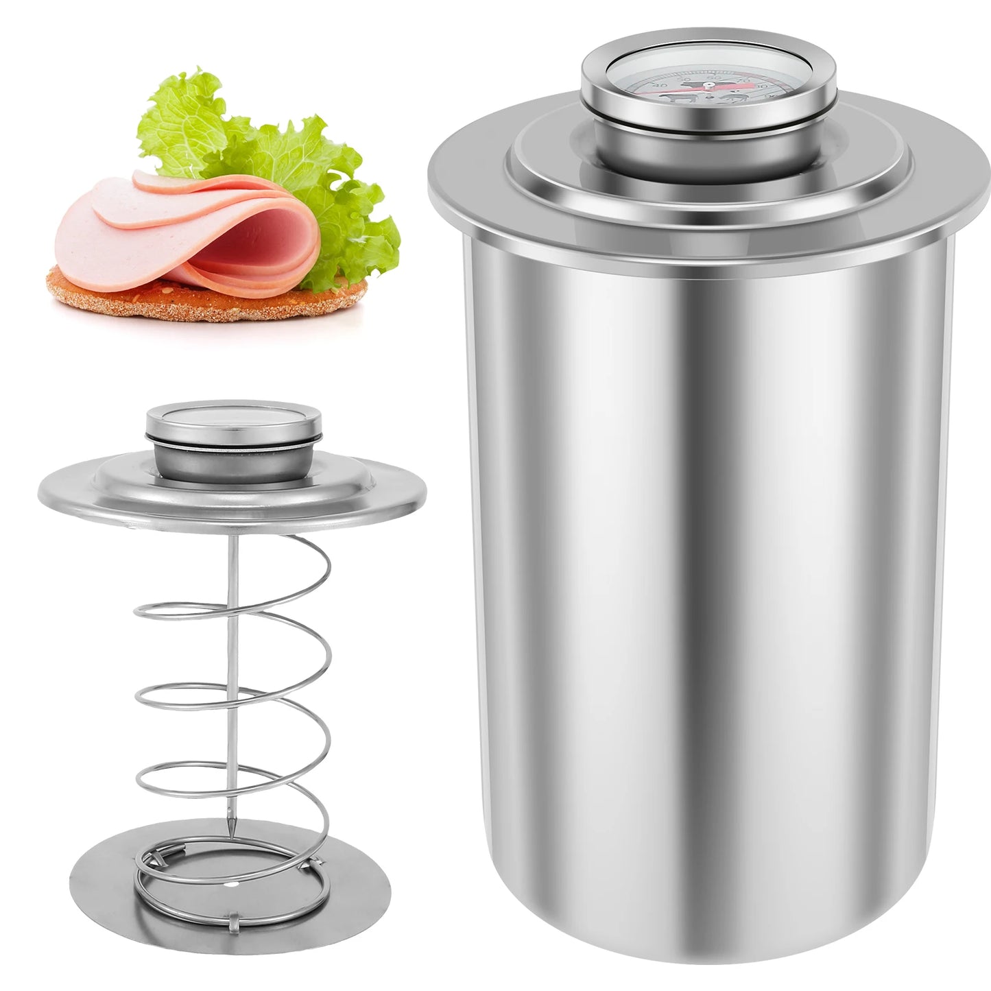 Stainless Steel Meat Press Cooker Large Capacity Ham Maker Round Shape Deli Meat Press Mold With Thermometer For Home Kitchen