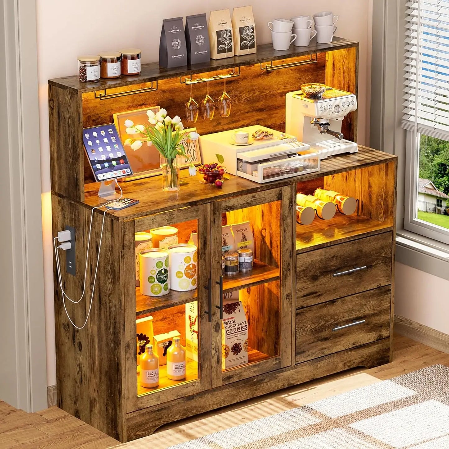 Bar Cabinet with Wine Rack, Liquor Cabinet with RGB Light, Coffee Bar Cabinets with USB Power Outlet, Home Wine, Customized
