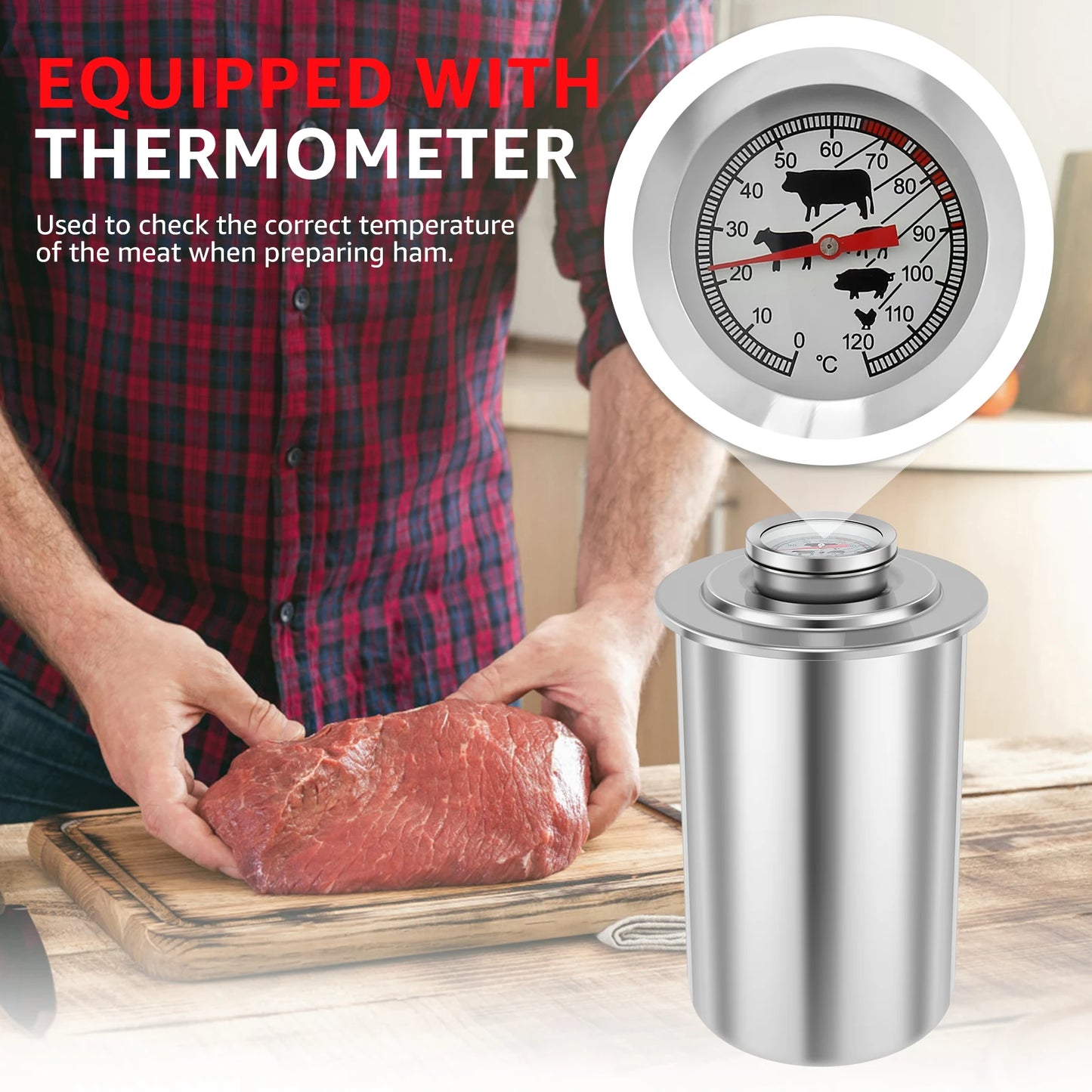 Stainless Steel Meat Press Cooker Large Capacity Ham Maker Round Shape Deli Meat Press Mold With Thermometer For Home Kitchen