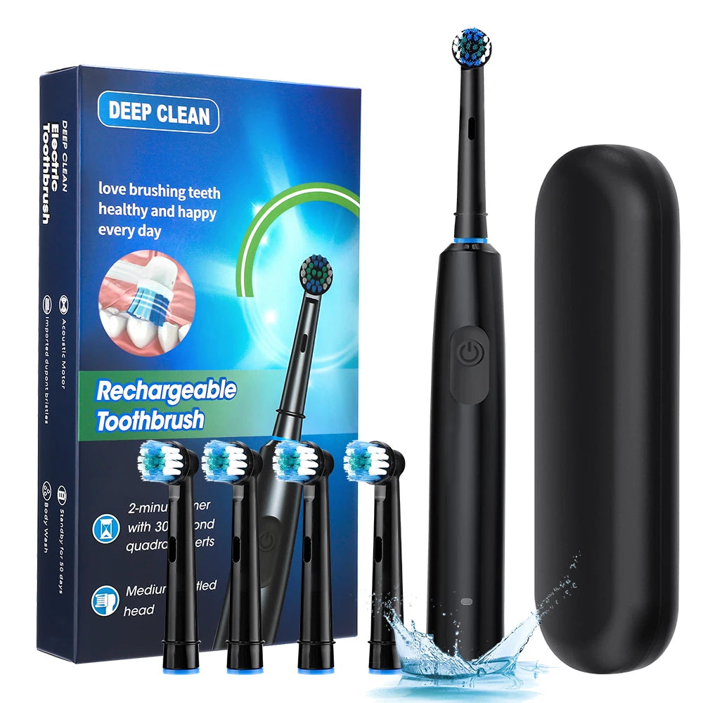 Smart Rotating Timing Electric Toothbrush, Rechargeable Rotary Toothbrush with 4 Heads, 5 Modes Setting Teeth Whitening Oral Car