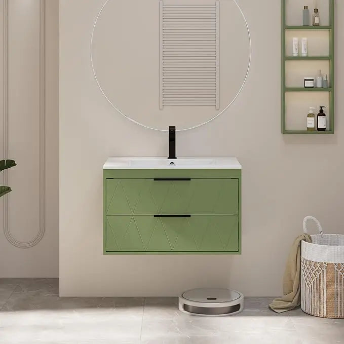 30" Bathroom Vanities Cabinet with Sink Combo, Wall Mounted Floating Cabinet W/Decor Line, Soft-Close System, 2 Extra Big Drawer