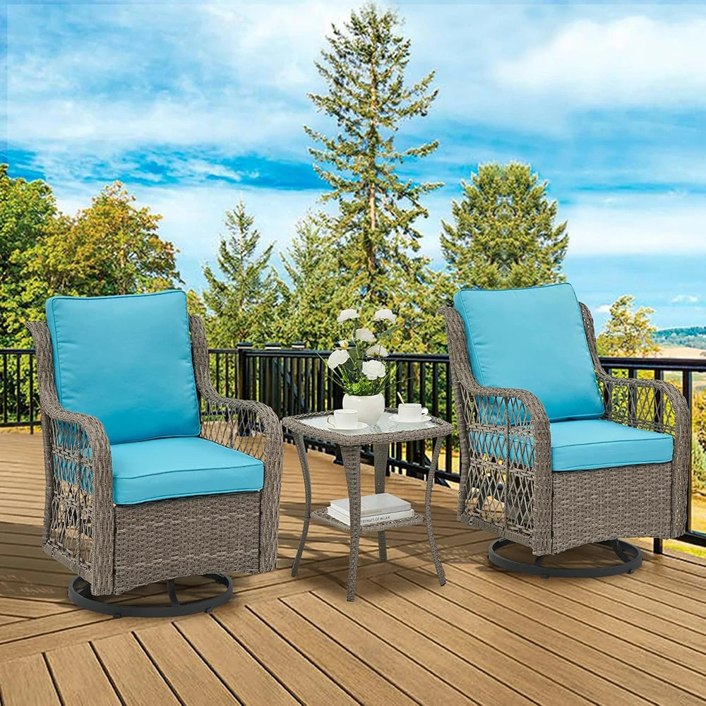 3-Piece Wicker Swivel Rocking Patio Set, 2 Chairs & Glass Table, Rattan Outdoor Furniture With Cushions For Patio Porch Backyard