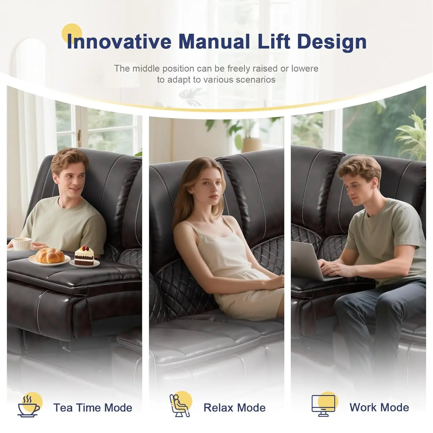 3 Seat Recliner Sofa with Console, Armrest, PU Leather, Cup Holders, USB Ports, Living Room/RV, Customized