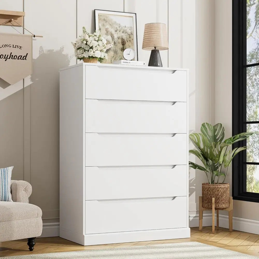 Bedroom Tall Chest with Storage, Large Wood Organizer, Accent Cabinet for Living Room, Hallway, Classic White
