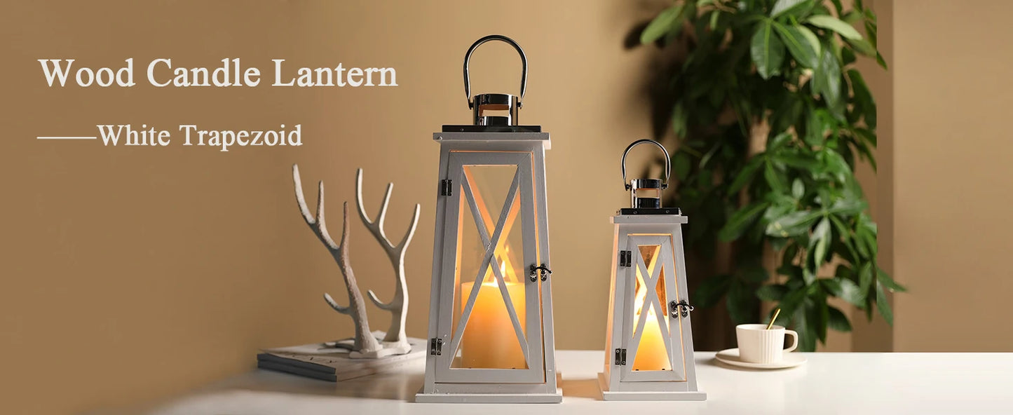 Set of 2 Farmhouse Wood Candle Lantern 22'' &15.5'' H Decorative Candle Holders with Tempered Glass Rustic Hanging Lantern for G