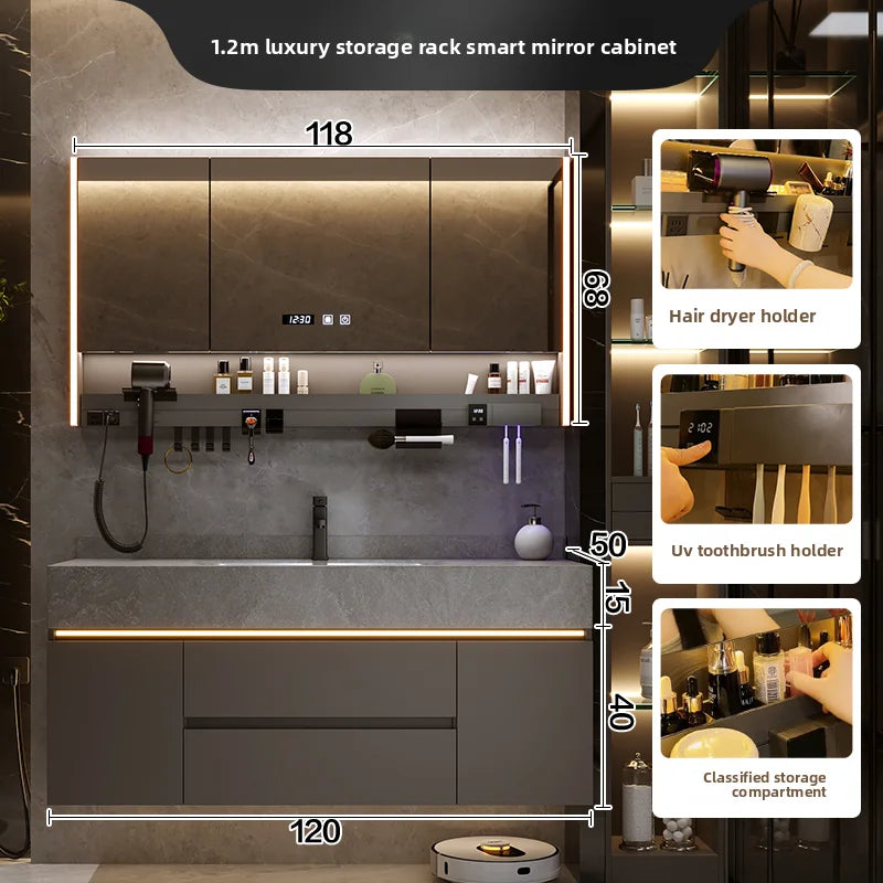 Bathroom Cabinet with Rock Plate Integrated Basin Bathroom Vanity Cabinet with Sink Smart Mirror Combination Bathroom Furniture