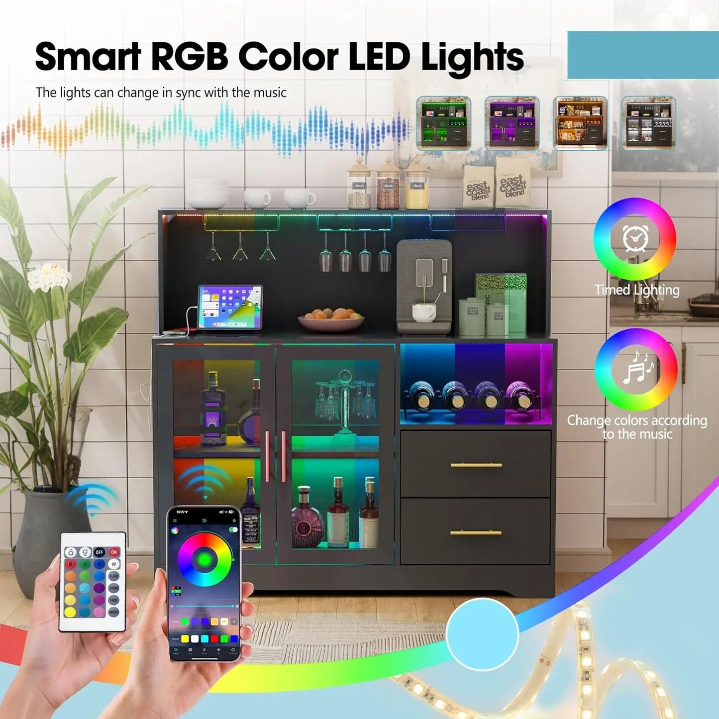 Bar Cabinet with Wine Rack, Liquor Cabinet with RGB Light, Coffee Bar Cabinets with USB Power Outlet, Home Wine, Customized