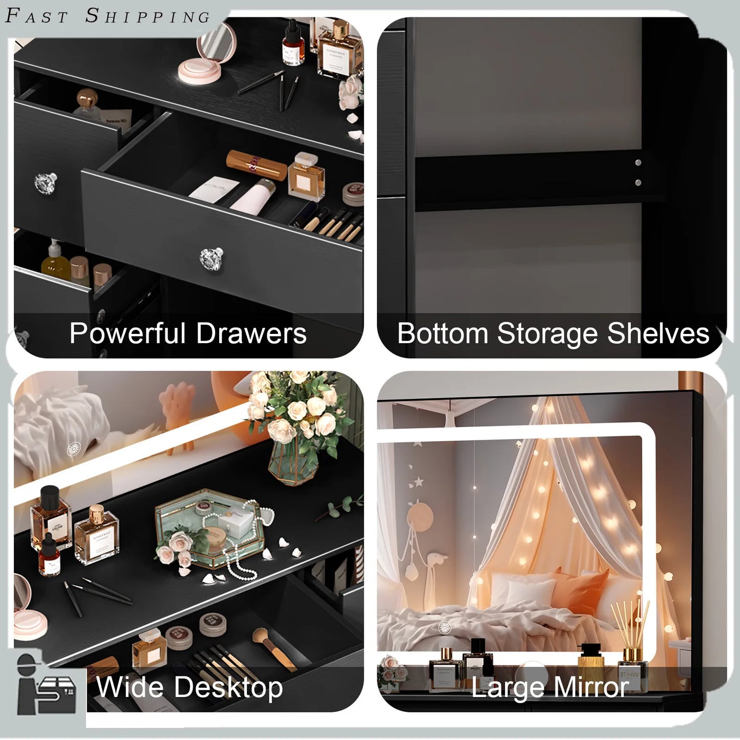 Large Dressing Table Makeup Desk Vanity Set with LED Lights Mirror And 7 Drawers
