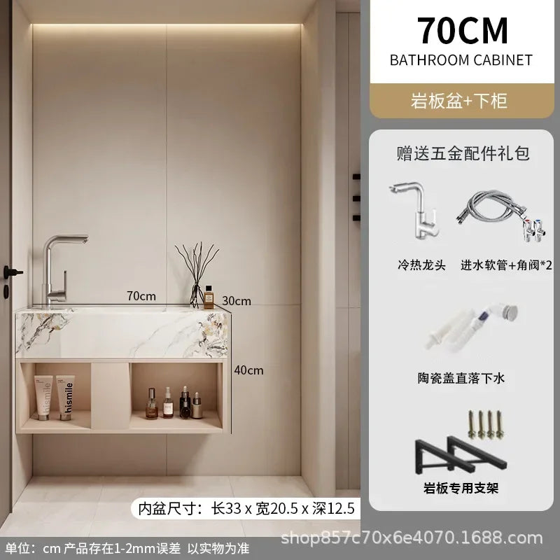 Modern Bathroom Vanity Cabinet Sink Small-sized Bathroom Cabinet with Smart Round Mirror Rock Ceramic Basin Bathroom Furniture