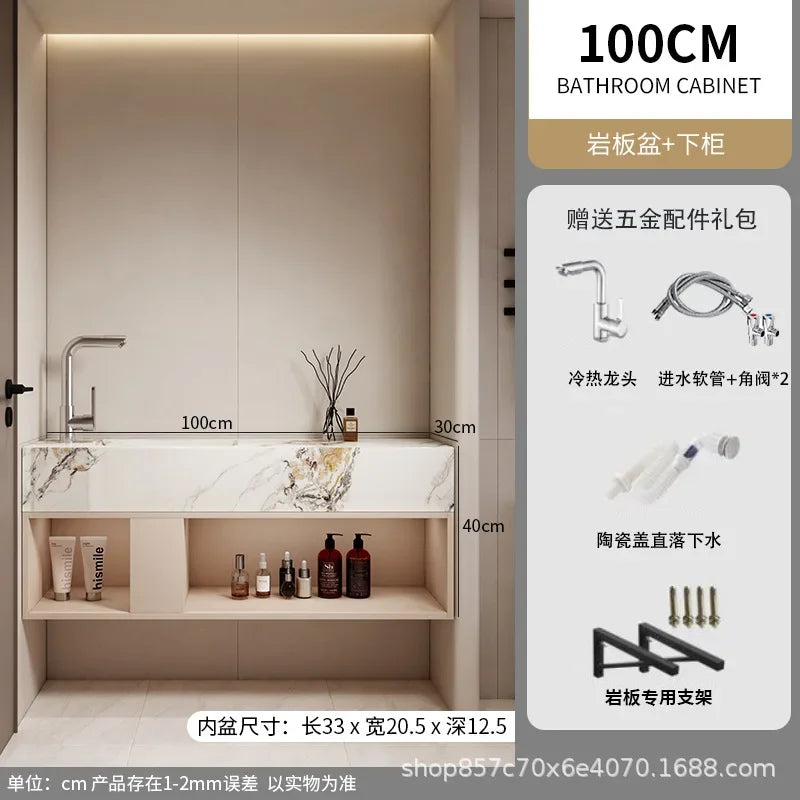 Modern Bathroom Vanity Cabinet Sink Small-sized Bathroom Cabinet with Smart Round Mirror Rock Ceramic Basin Bathroom Furniture