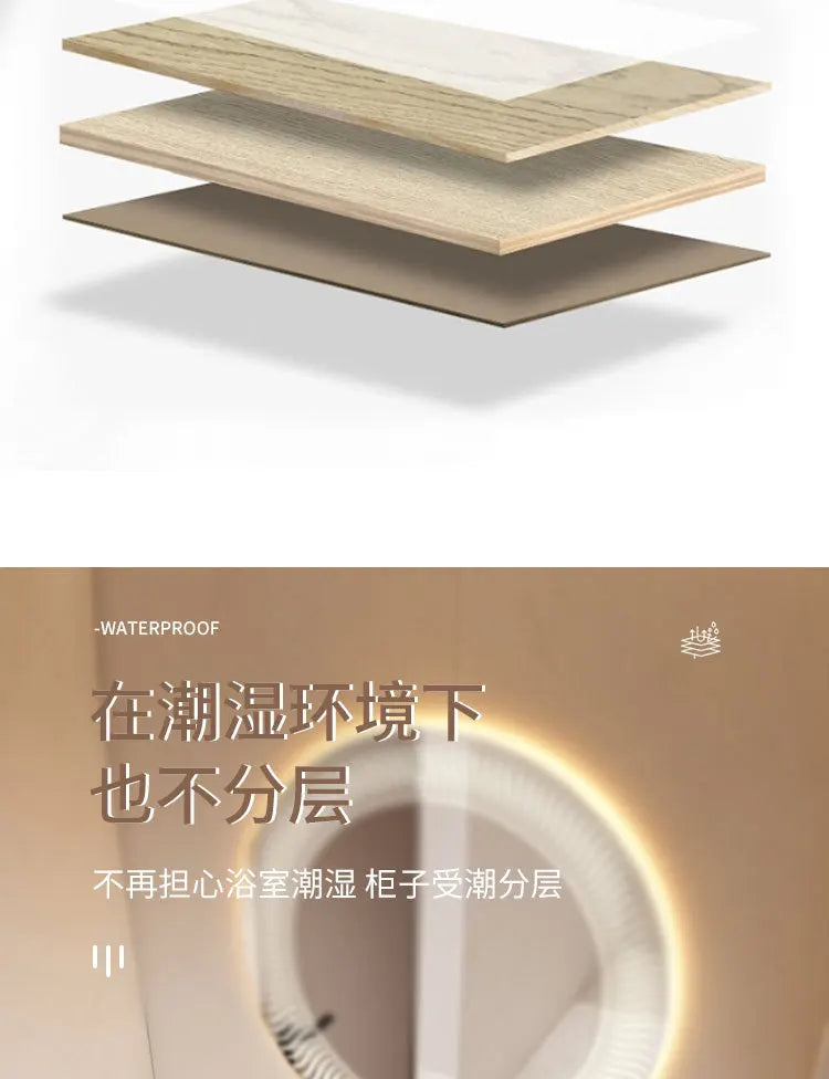 Modern Bathroom Vanity Cabinet Sink Small-sized Bathroom Cabinet with Smart Round Mirror Rock Ceramic Basin Bathroom Furniture