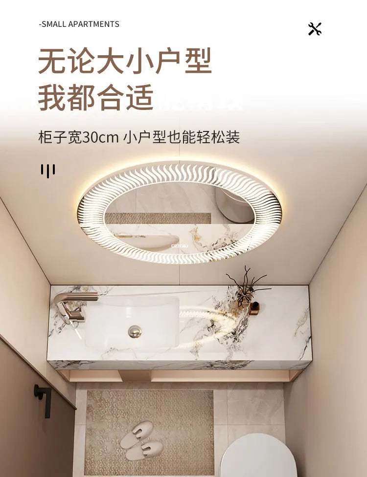 Modern Bathroom Vanity Cabinet Sink Small-sized Bathroom Cabinet with Smart Round Mirror Rock Ceramic Basin Bathroom Furniture