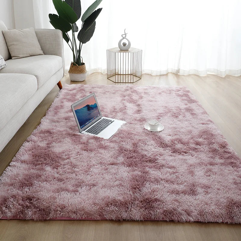 VIKAMA Simple Modern Silk Hair Tie-Dye Carpet Plush Soft Living Room Bedroom Bed Blanket Children's Room Non-Slip Floor Mat