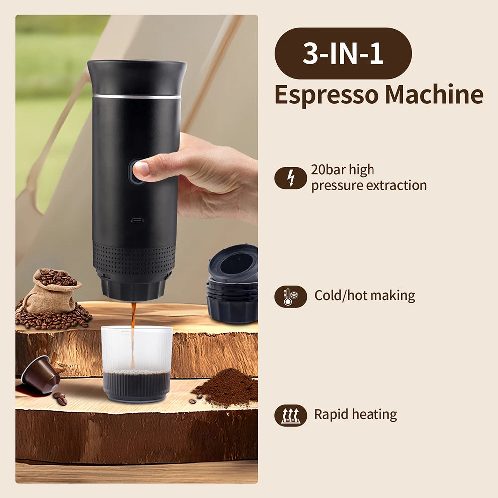 Wireless Electric Portable Espresso Coffee Machine for Car & Home Camping Coffee Maker 3-in-1 Capsule Powder Travel Coffee Maker