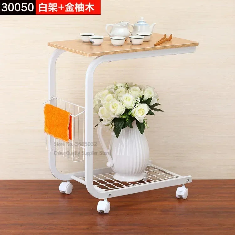 Iron Living Room Table, Movable Sofa Side Table, Corner Coffee Stand, Simple Wheel-Based Lazy Table, Mobile Furniture, 2-Layer