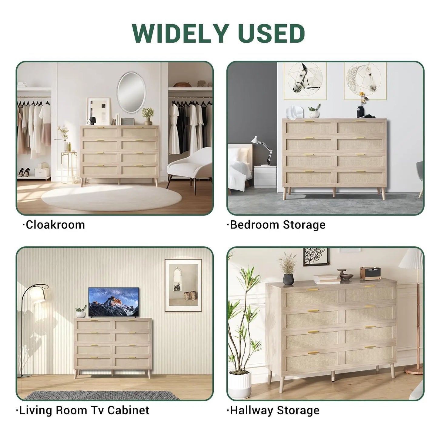 8-Drawer Rattan Dresser 47x15x37 Inch, Mid Century Modern Chest Of Drawers With Handles For Bedroom Entryway Living Room