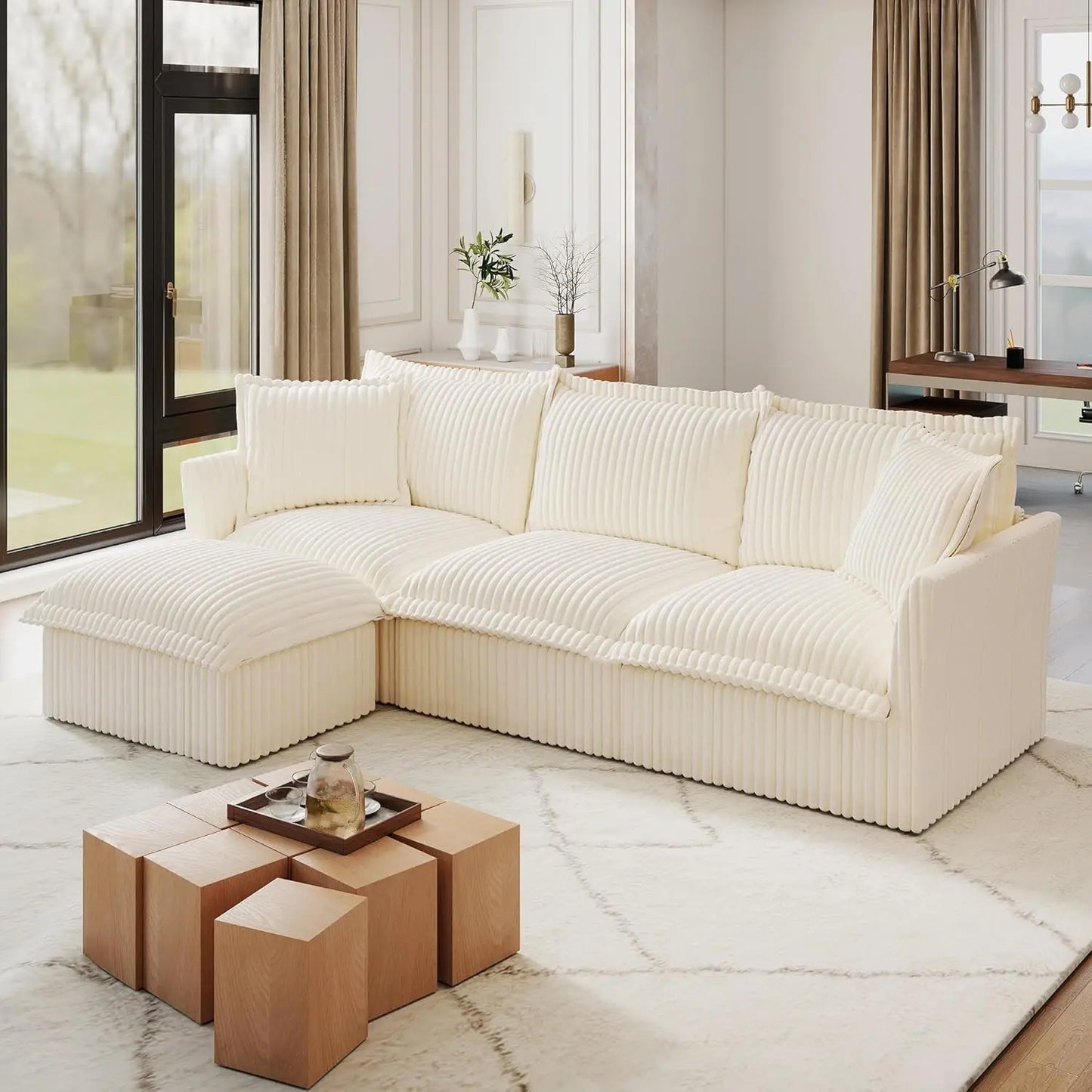 L-Shaped Modular Sectional Sofa Removable Slipcover Cloud 3-Seater Movable Ottoman Chenille Living Room Customized