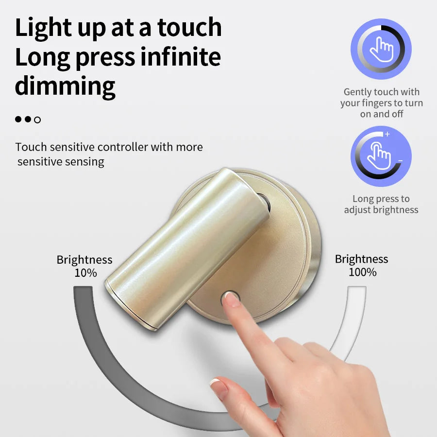 Magnetic Base USB Rechargeable LED Cordless Wall Light Touch Switch Black White Gold Silvery Dimmable Bedside Lamp For Reading