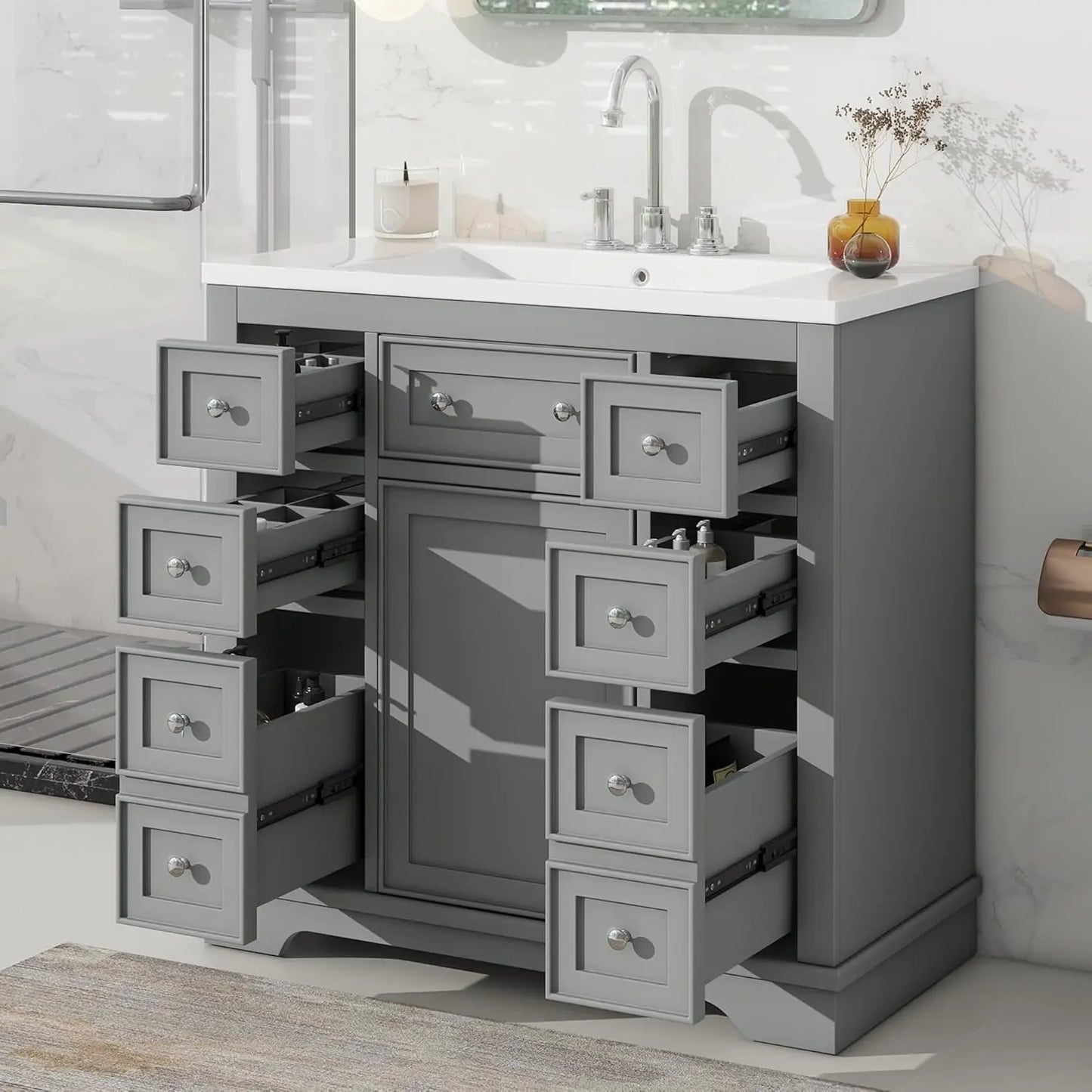 36" Bathroom Vanity Basin Sink Cabinet 6 Drawers Storage No Mirror White, Customized