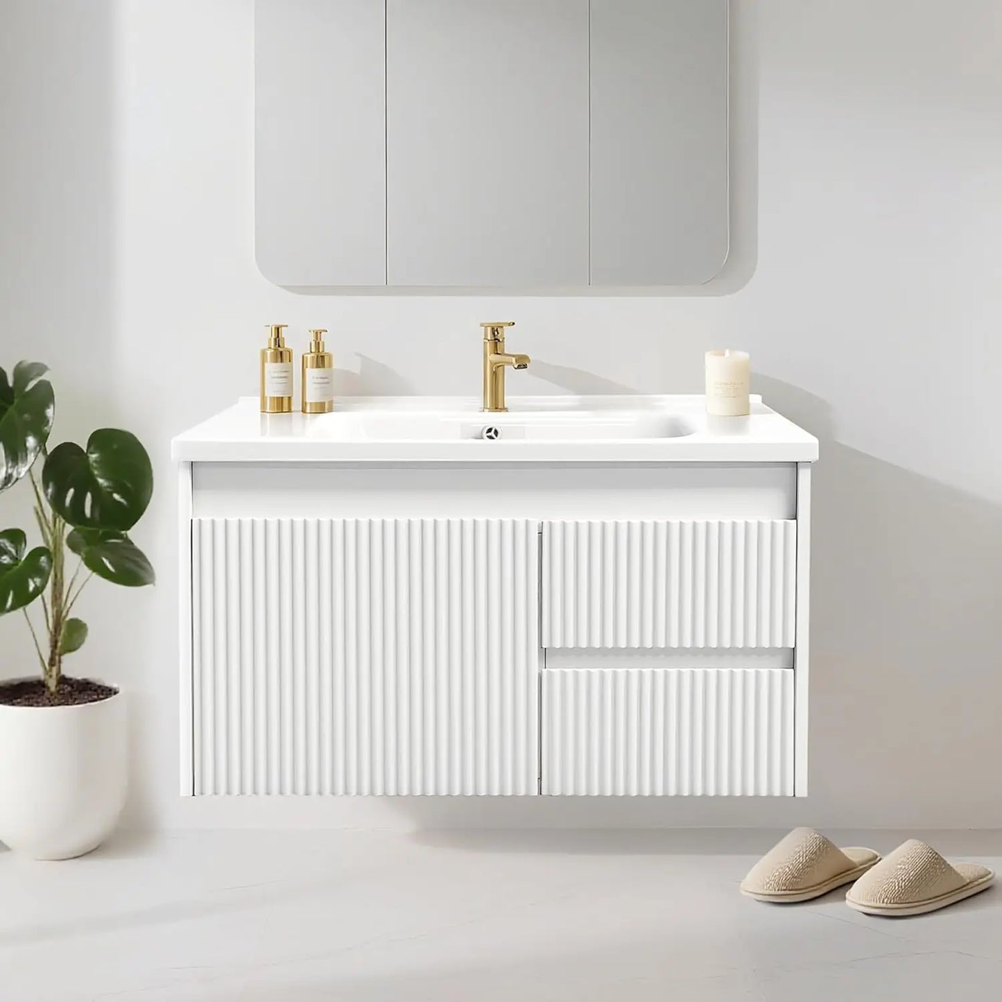 32" Wall Mounted Bathroom Vanity with Sink, Soft-Close Drawers, Wave-Carved Door, Ceramic Top, Customized