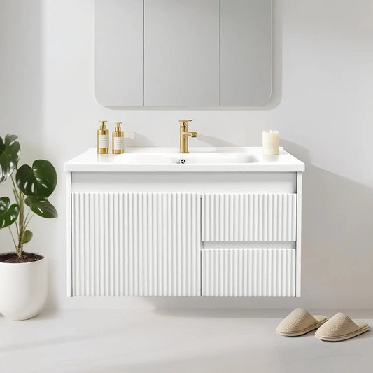 32" Wall Mounted Bathroom Vanity with Sink, Soft-Close Drawers, Wave-Carved Door, Ceramic Top, Customized