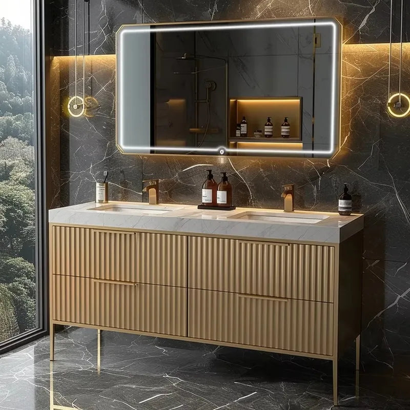 Luxury Countertop Double Basin Vanity Sink Bathroom Stainless Steel Marble Countertop Bathroom Cabinets Vanities