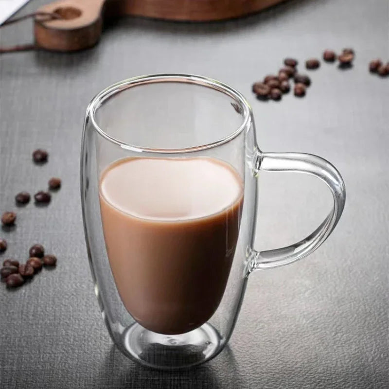 Heat Resistant Clear Double Wall High Borosilicate Glass Mug with Handle Coffee Milk Juice Water Cup Coffeeware Lover Gift