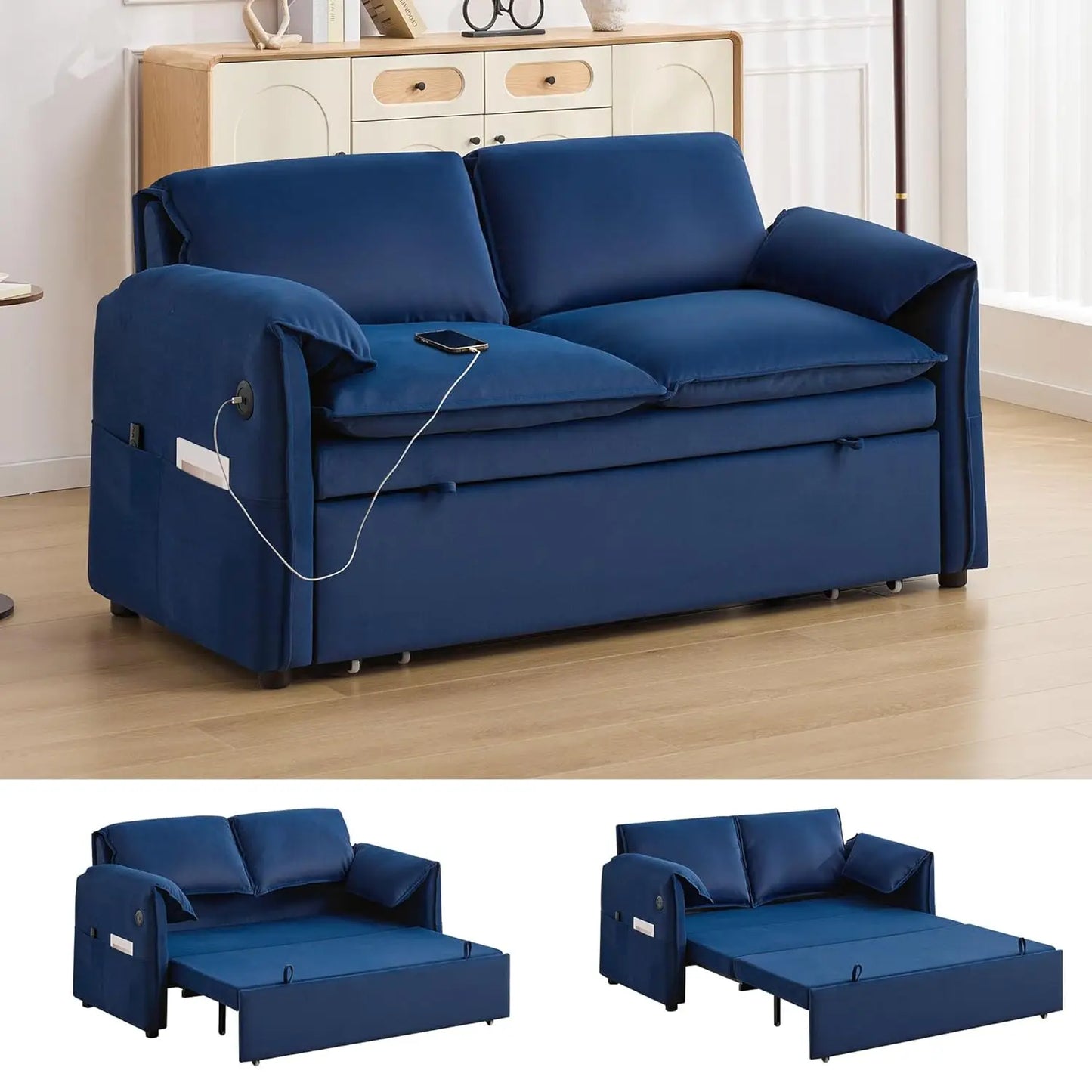 63" Velvet Pull Out Couch, 3 in 1 Convertible Sleeper Sofa Bed with Adjustable Backrest, Modern Loveseat Sleeper, Customized