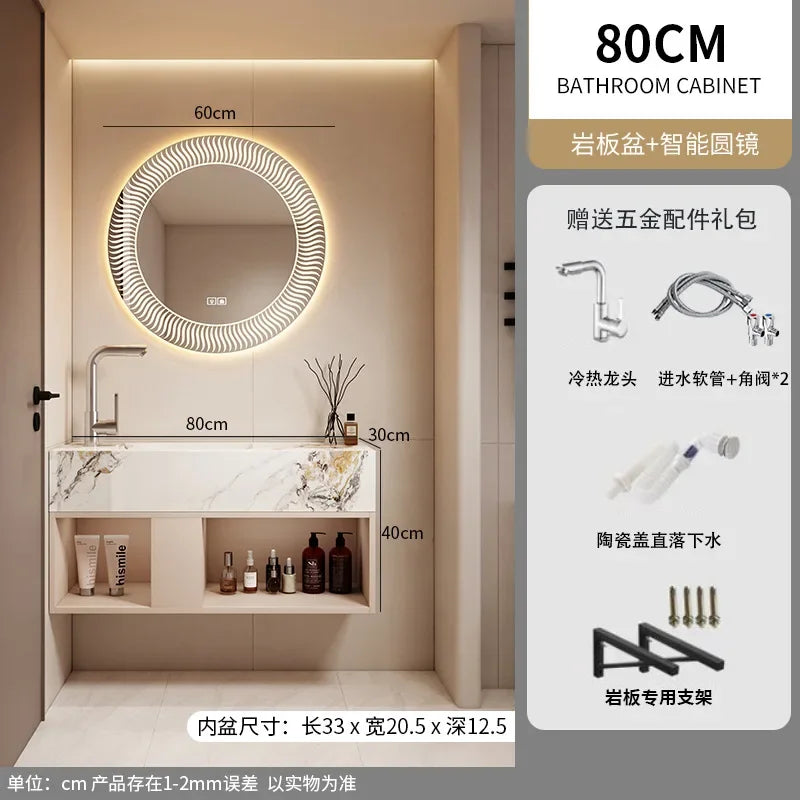 Modern Bathroom Vanity Cabinet Sink Small-sized Bathroom Cabinet with Smart Round Mirror Rock Ceramic Basin Bathroom Furniture
