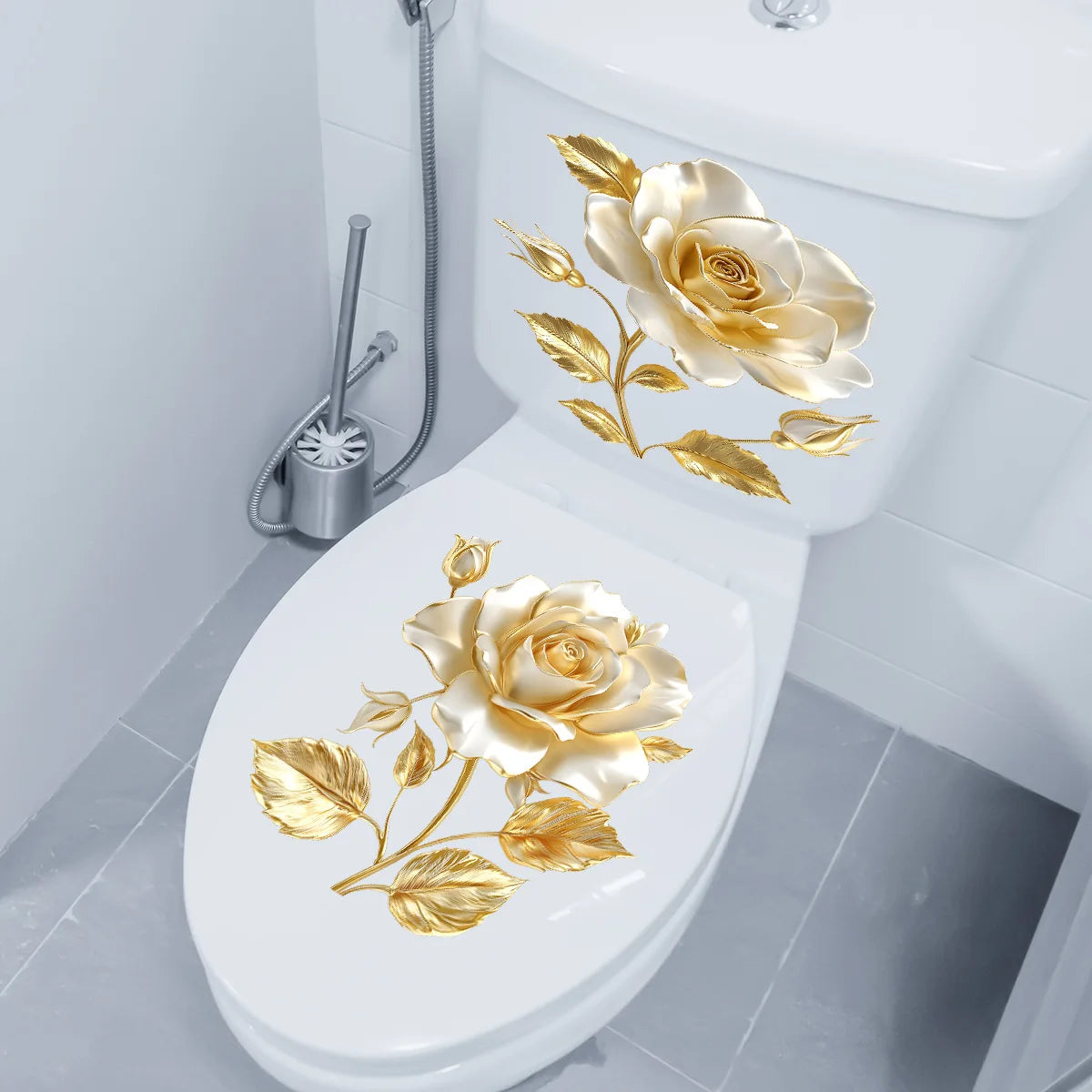 Beautiful Golden Flower Toilet Sticker Bathroom Toilet Cover Decorative Sticker Waterproof Self Adhesive