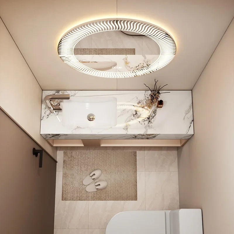 Modern Bathroom Vanity Cabinet Sink Small-sized Bathroom Cabinet with Smart Round Mirror Rock Ceramic Basin Bathroom Furniture