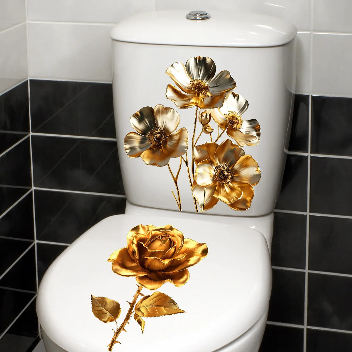 Beautiful Golden Flower Toilet Sticker Bathroom Toilet Cover Decorative Sticker Waterproof Self Adhesive