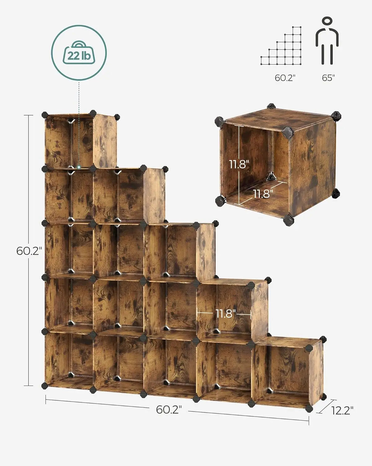 16-Cube Storage Organizer Set, Plastic Closet Shelves for Bedroom Living Room, 12.2x48.4x48.4 Inches Rustic Brown