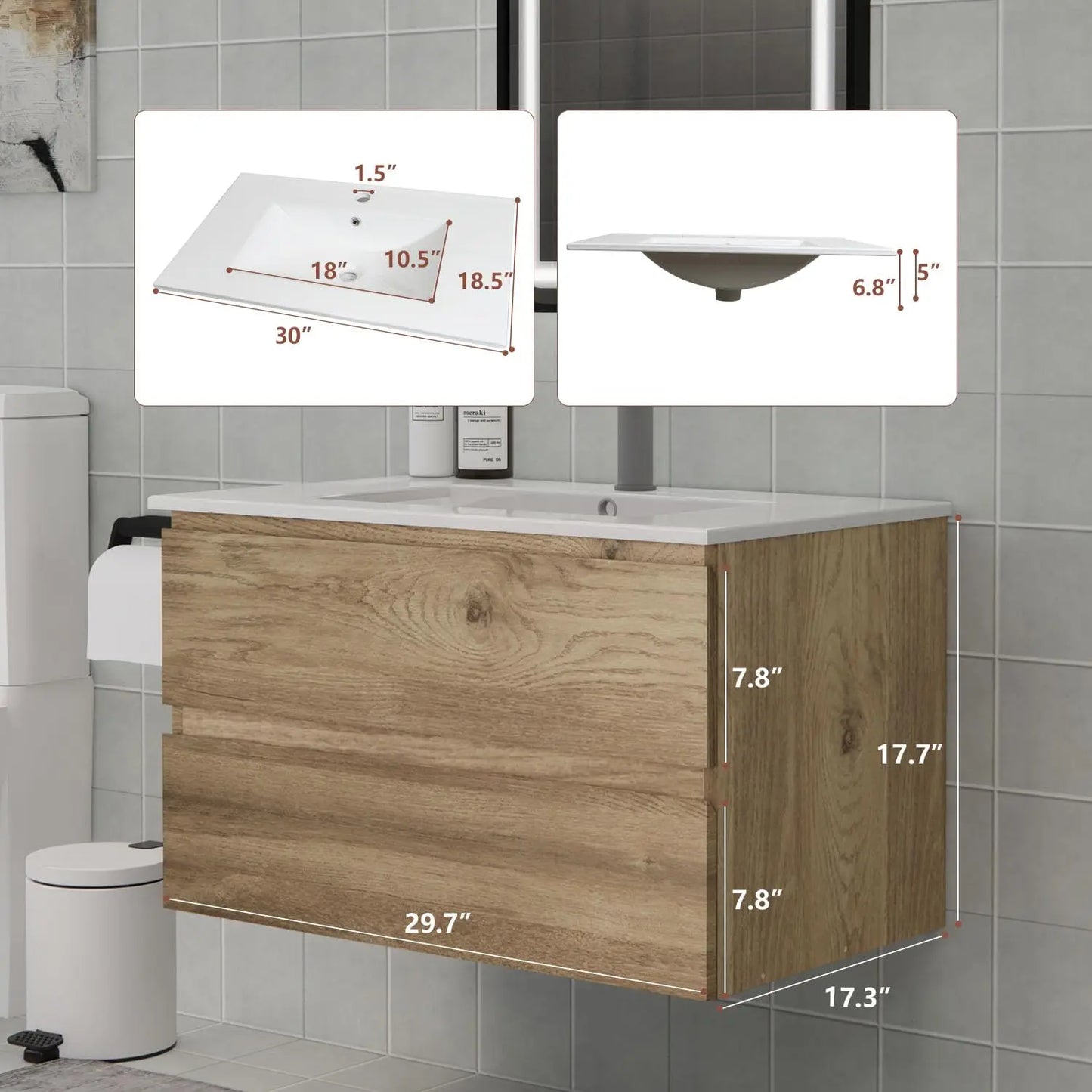30" Space-Saving Floating Bathroom Vanity with Sink Moisture-Resistant MDF 2 Soft-Close Drawers Modern Bathrooms Customized