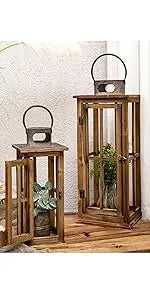 Large Rustic Wooden Decorative Lantern Set of 2, Modern Farmhouse Distressed Whitewash Floor Candle Lanterns, Indoor/Outdoor Han