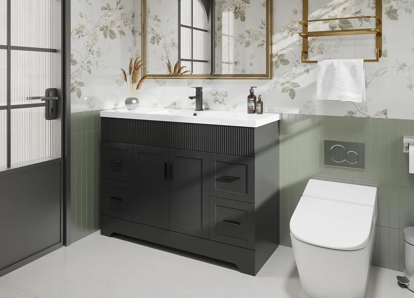 48" Bathroom Vanity Sink Combo Matte Black Painted Surface Modern Cabinet Undermount Single Sink Faucet Drain Customized