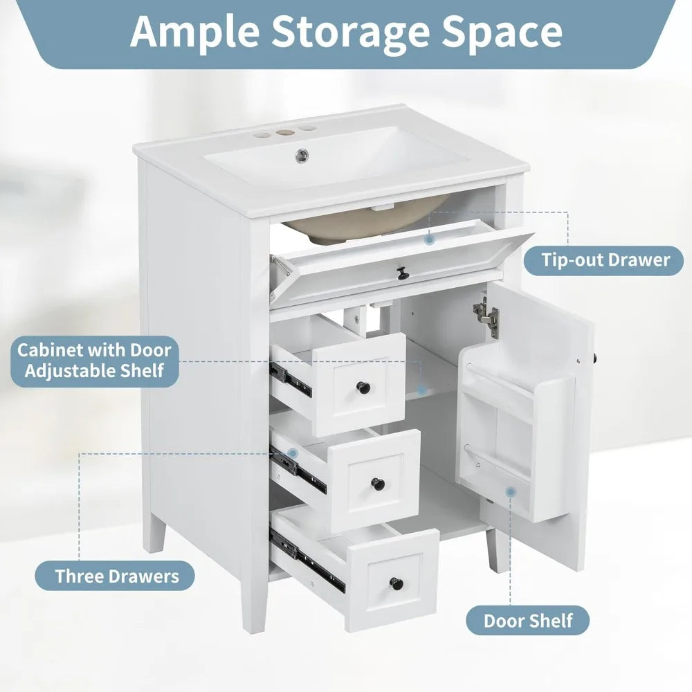White 24 Inch Bathroom Vanity with Sink Combo Solid Wood Storage Cabinet 3 Drawers Tip Out Door Soft Close Adjustable Shelves