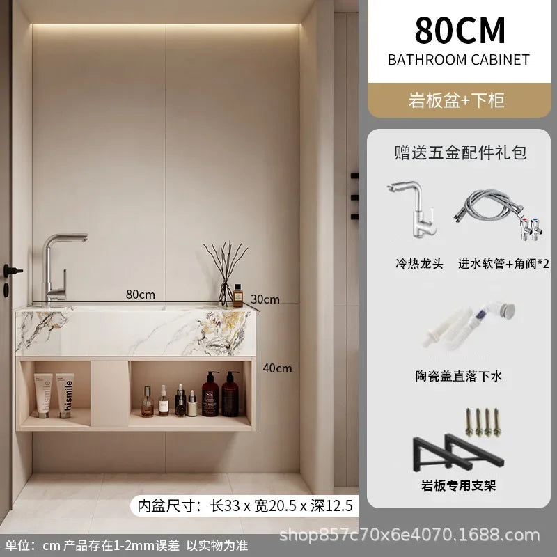Modern Bathroom Vanity Cabinet Sink Small-sized Bathroom Cabinet with Smart Round Mirror Rock Ceramic Basin Bathroom Furniture