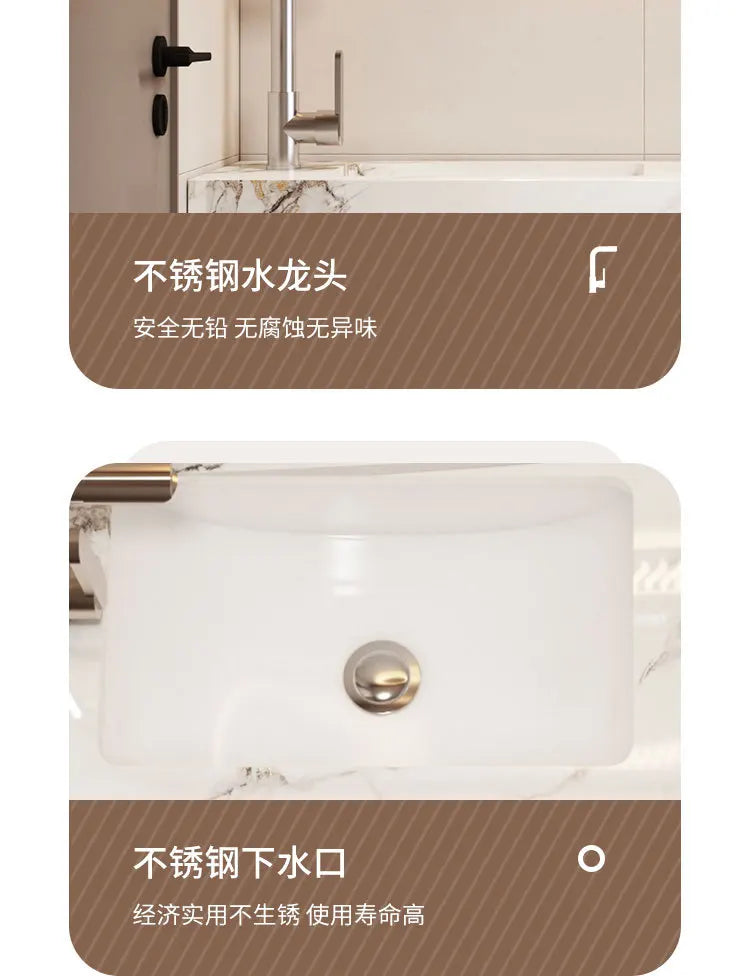 Modern Bathroom Vanity Cabinet Sink Small-sized Bathroom Cabinet with Smart Round Mirror Rock Ceramic Basin Bathroom Furniture