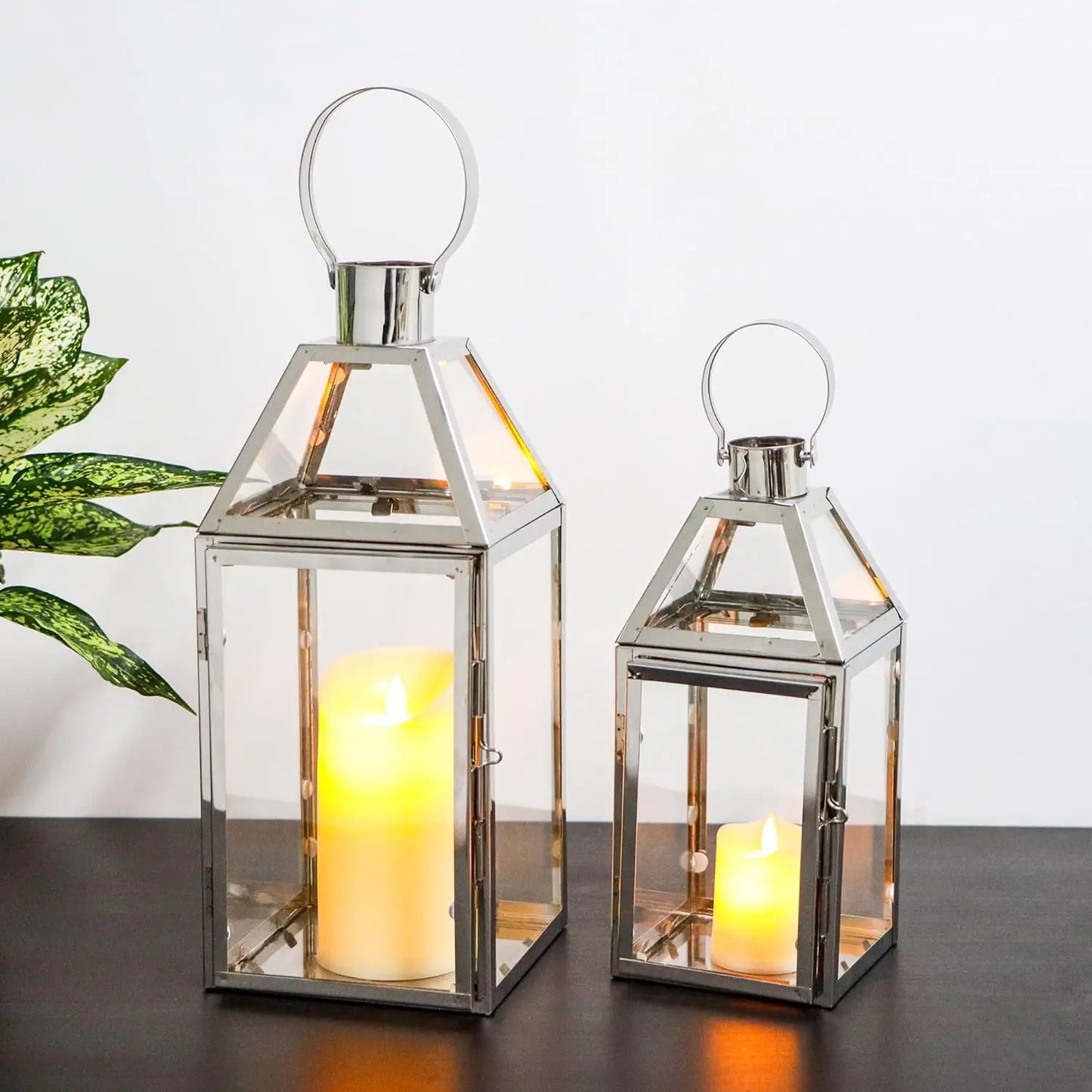 Set of 2 Stainless Steel Decorative Lanterns 13"&10" H Metal Candle Holders with Tempered Glass for Home Decor Living Room Parti